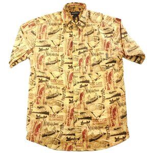 Woolrich Niagara Falls Bass Fishing All Over Print Campground Shirt Men Large